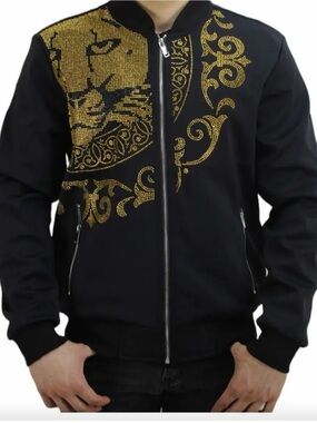 Men's Black Bomber Jacket with Gold Embellished Detail